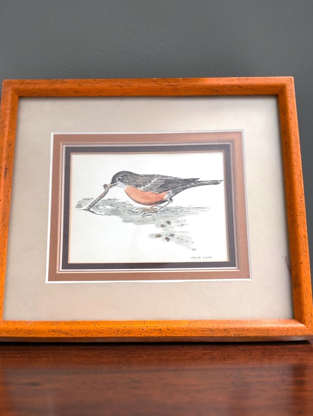 Vintage Joyce Lusk Robin Bird Framed Art 1980s Botanical Wildlife Wall Decor
